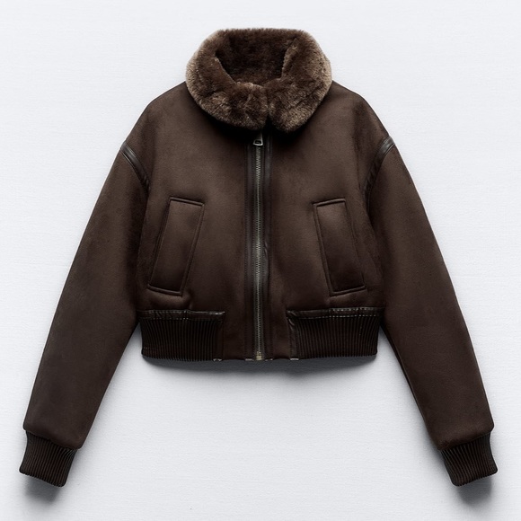 Zara double faced jacket aviator bomber coat faux fur suede brown XS 6318/239 - Picture 4 of 16